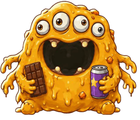 Illustrazione di Blobbo, mostro appiccicoso con 4 occhi e grande bocca spalancata. Ha 6 braccia per tenere dolcetti e bibite