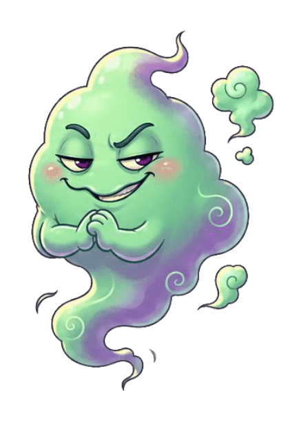 Illustrazione di Mefitico, mostro dell'alitosi. Ha la forma di un fantasma. Sorride furbo, avvolto in nuvolette maleodoranti