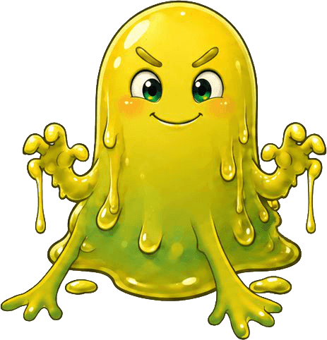 Illustrazione di Sguish, piccolo mostro verdognolo, sorride soddisfatto mentre si appiccica a un dente con le sue 4 manine