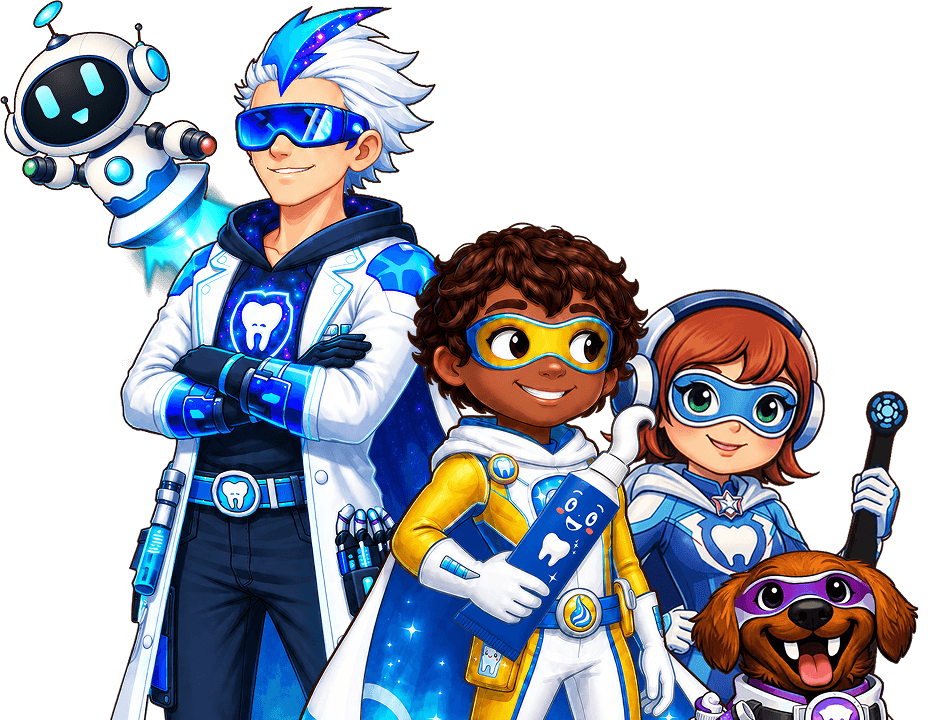 Illustrazione dei 5 membri della SMILE Crew pronti a entrare in azione per difendere ogni sorriso