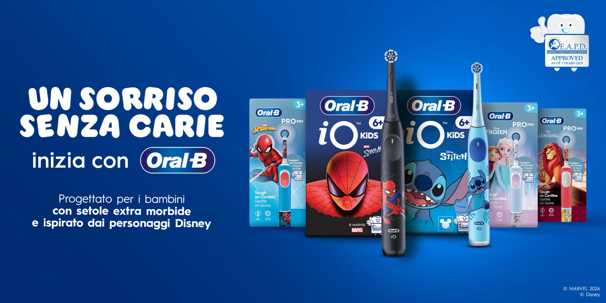 Immagine di spazzolini elettrici della gamma Oral-B Kids progettati per l'igiene orale di bambine e bambini